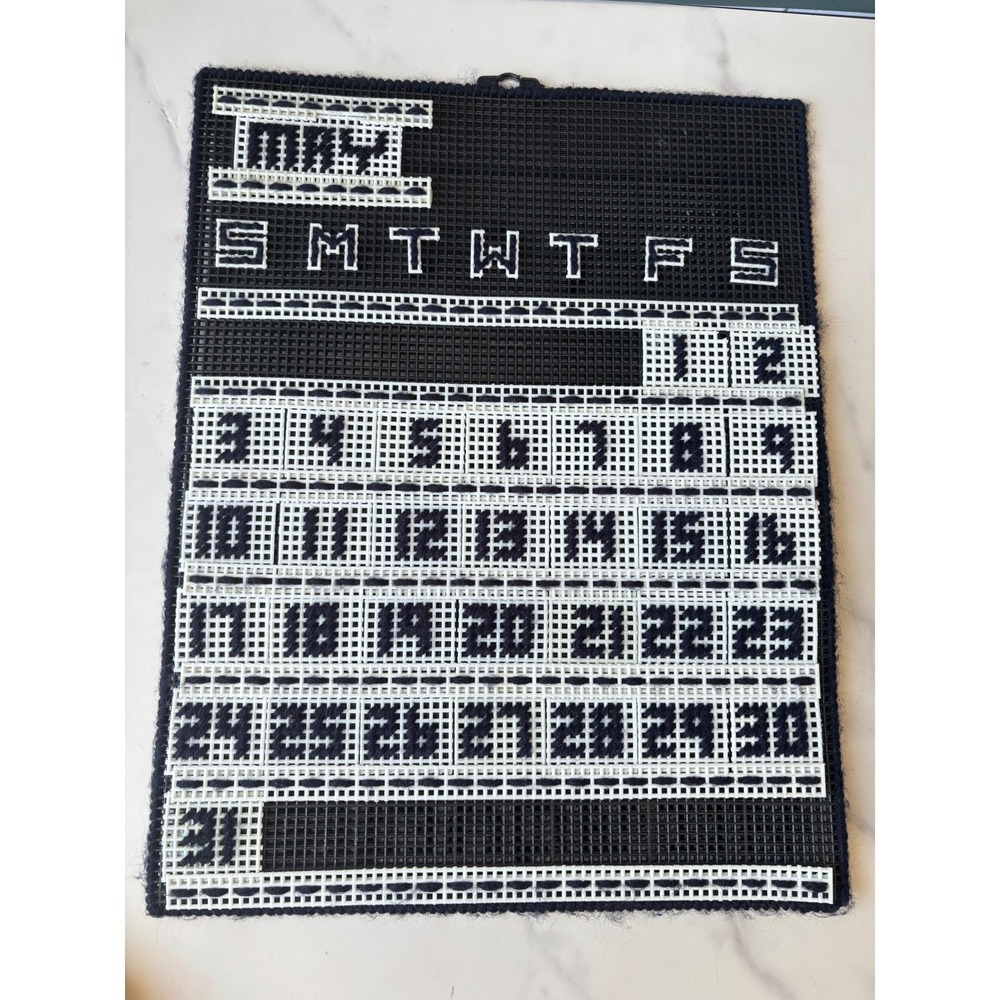Vintage Handmade Plastic Canvas Needlepoint Perpetual Calendar Black White
